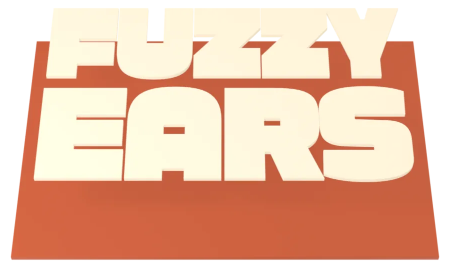 Fuzzy Ears: the stacked wordmark pressed into a terracotta block